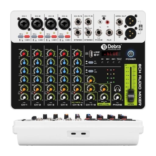 Audio rozhraní v8 8 kanálů s Bluetooth 5.0 a USB 48 V fantomové napájení HI-z vstupy bílé 42 x 29 x 10 cm na počítačové nahrávání