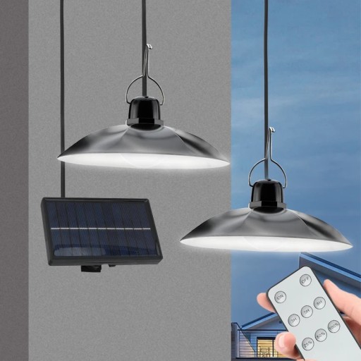 Aurinkokäyttöinen LED-riippuvalaisin kahdella valolla 142 × 90 mm paneeli 310 cm kaapeli kaukosäätö