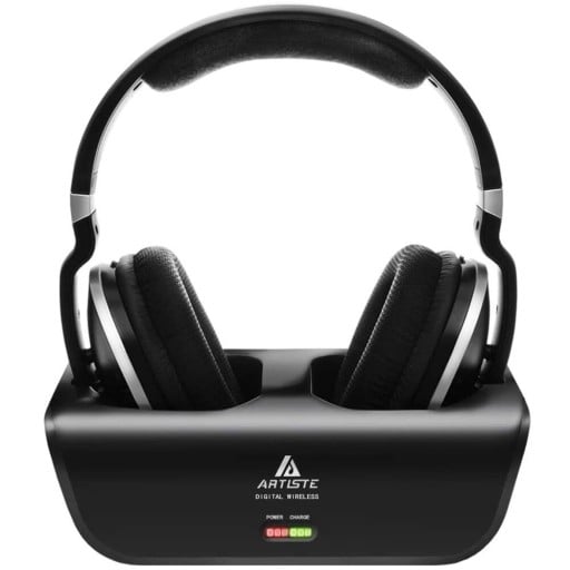 Auscultadores sem fios over-ear com estação de docagem e receptor Transmissão 2,4 GHz com alcance de 30 m Faixa de frequência de 25 Hz a 20 kHz Preto