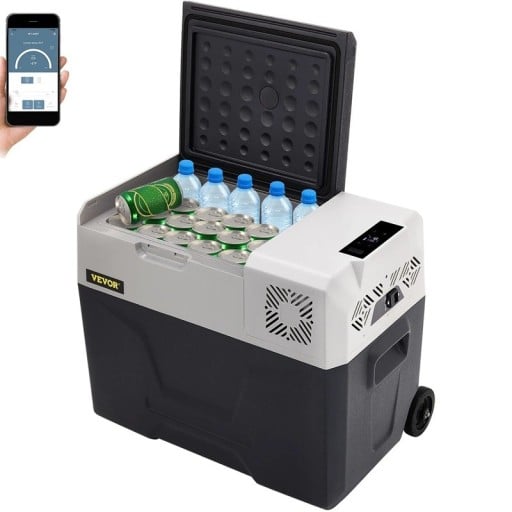 Autochladnička kompresorová 50 l Bluetooth a ovládání přes aplikaci USB port a kolečka Napájení 12 V i 220 V Šedo-černá Na kemp a cesty