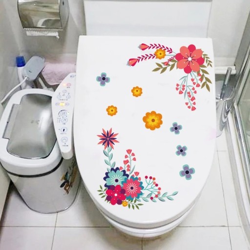 Autocolant decorativ pentru capacul toaletei 29 x 21 cm Motiv flori și frunze autocolant pentru toaletă Aplicare ușoară Decorație naturală pentru baie