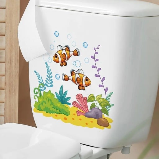 Autocolant decorativ pentru rezervorul de toaletă Motiv apă cu pești autocolant pentru toaletă Aplicare ușoară Decorare jucăușă marină pentru baie