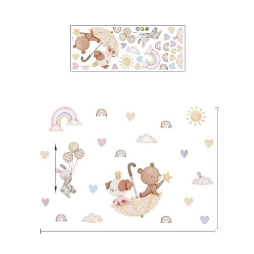 Autocolant pentru perete 81 x 55,3 cm Ursuleț cu cățel în umbrelă și iepuraș Decorare de perete transparentă pentru copii din vinil mat Decorare