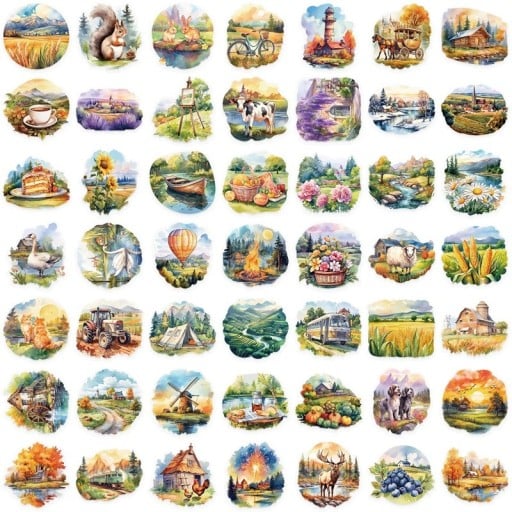Autocolante cu peisaje rurale 5,23 x 4,91 cm 50 buc PET multicolore pentru scrapbook, jurnal, decorarea agendei, creație de albume