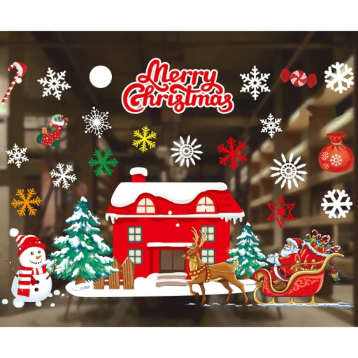 Autocolante de Crăciun pentru fereastră 50 x 70 cm folie PVC Casă roșie acoperită cu zăpadă Fulgi de zăpadă Decorațiuni de iarnă pentru sticlă și vitrine Reutilizabile