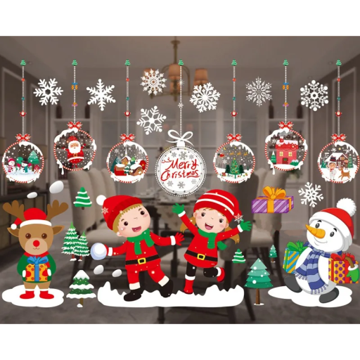 Autocolante de Crăciun pentru fereastră 50 x 70 cm Set de autocolante albe din PVC cu fulgi de zăpadă, decorațiuni, om de zăpadă, ren și motive pentru copii