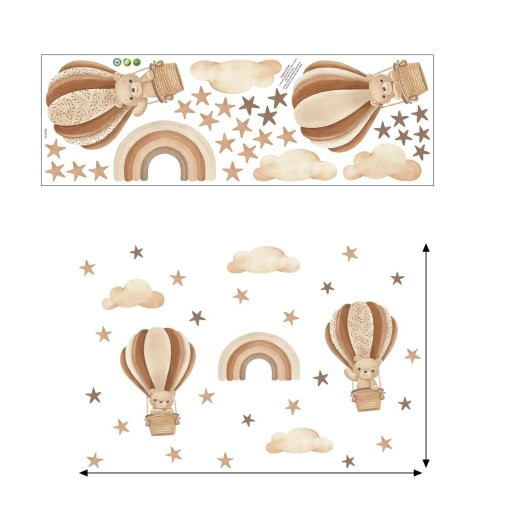 Autocolante de parede 98 x 64 cm Ursinhos em balões castanhos Decoração de parede infantil translúcida em vinil mate Decoração delicada e adorável para o quarto