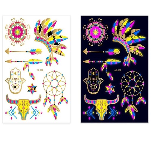 Autocolante temporare de tatuaj fluorescent cu motivul unei bentițe hamsa și a unui lampaș de vise, care strălucesc sub lumina UV, tatuaj neon boho pentru festivaluri și petreceri