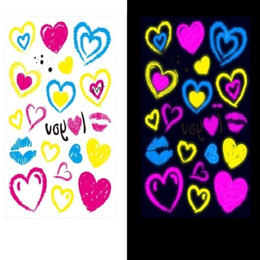 Autocolante temporare de tatuaj strălucitor cu motive de inimi colorate care fluoresce sub lumina UV, tatuaj neon pentru petreceri și discoteci
