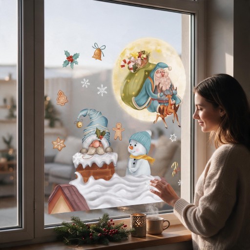 Autocolantes de Natal para Janela Reutilizáveis Santa com Fundo de Lua Cheia Duende na Chaminé e Boneco de Neve no Telhado Azul Decoração de Vitrine