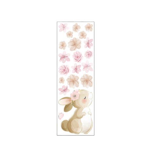 Autocollant mural 30 x 92 cm Vinyle Boho lapin dessiné et fleurs Décoration murale pour chambre d'enfant