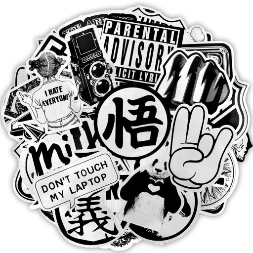 Autocollants noir et blanc avec des slogans amusants et des symboles 50 pcs Ensemble d'autocollants en PVC avec des slogans en anglais