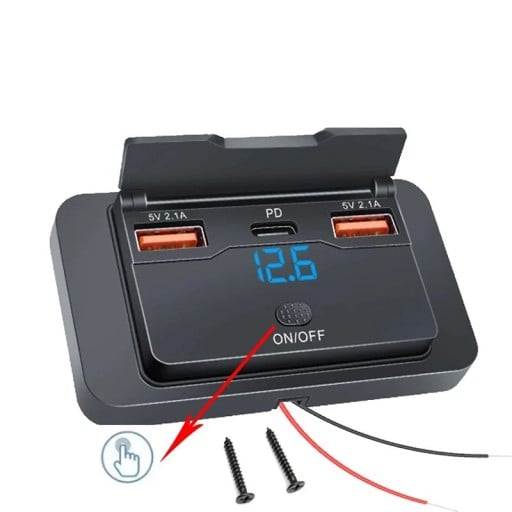 Autolader 3 poorten USB-C PD + 2× USB-A 60W snelladen met schakelaar en voltmeter 12-24V nylon zwart voor auto en caravan