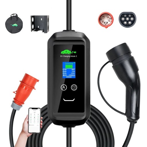Autolader Type 2 11 kW 16A 3-fase 5 m WiFi CEE Rood zwart draagbaar voor het opladen van elektrische voertuigen thuis en in de garage