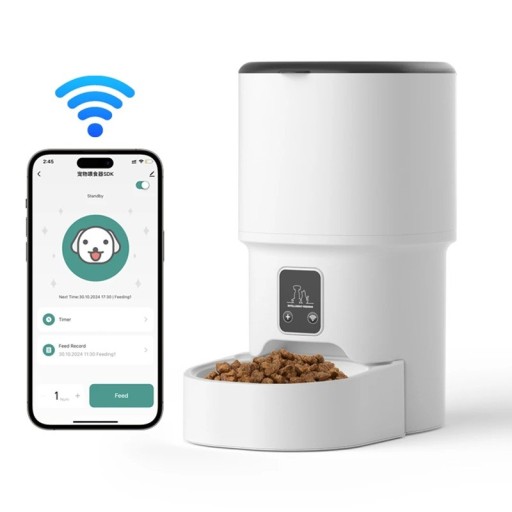 Automatický dávkovač granulí s WiFi a ovládáním v aplikaci 30 x 18 x 25 cm Plán krmení a historie dávek Bílý s tmavě šedým víkem