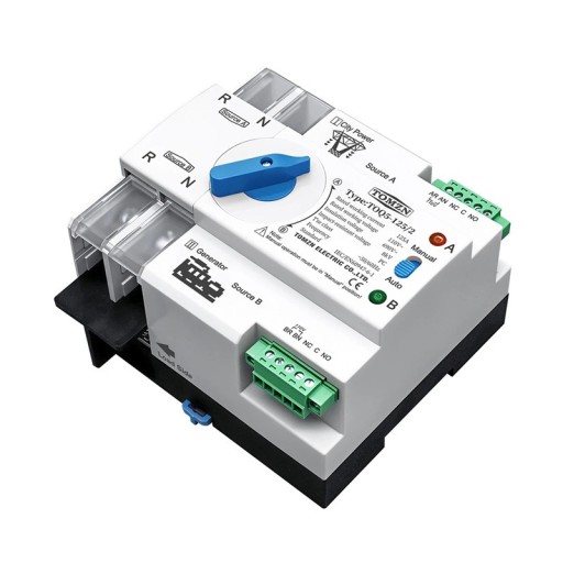 Automatický přepínač zdrojů ATS 2P 125 A 230 V ruční i automatický režim kontrolky zdroje na DIN lištu bílý k generátoru i záloze