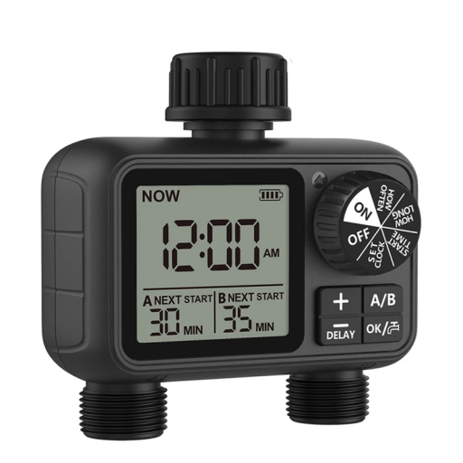 Automatický zavlažovací časovač s LCD displejem a dešťovým senzorem IPX5, 2 výtoky, zahradní zavlažování, 11,3 x 11,3 x 6,1 cm