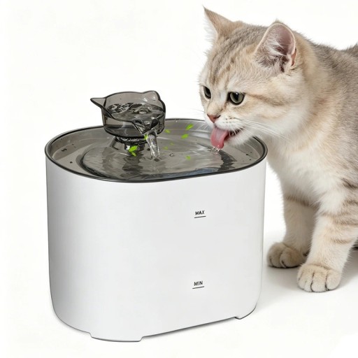 Automatische fontein voor katten met een volume van 2,2 l Vierlagige filtratie en drie vervangfilters in de verpakking Stille werking en afmetingen 18,5 x 13,5 cm
