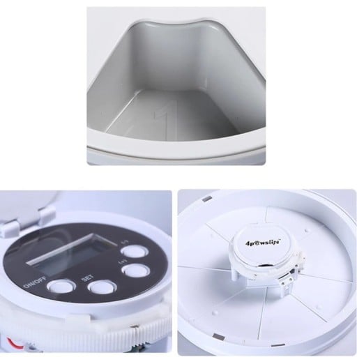Automatischer batteriebetriebener Futterspender für Haustiere Fächer für Einzelportionen Display mit Tasten Kunststoff und Edelstahl 32 x 32 x 8,5 cm