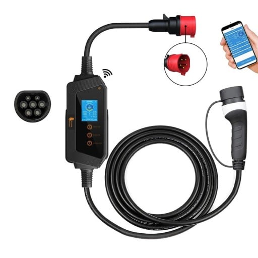 Autonabíječka Type 2 22 kW 32A 3fázová WiFi Smart App LCD černo-šedá přenosná pro nabíjení elektromobilu doma