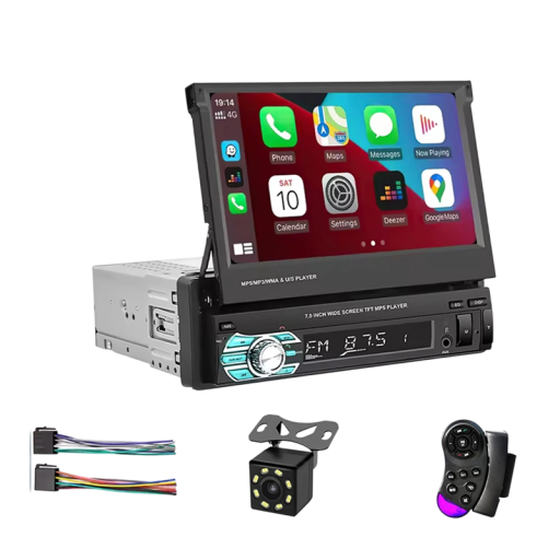 Autórádió 1DIN MP5 lejátszó kihajtható 7" kijelzővel, CarPlay és Android Auto, tolatókamera 8 LED-del, Bluetooth, Micro SD 256GB, fekete