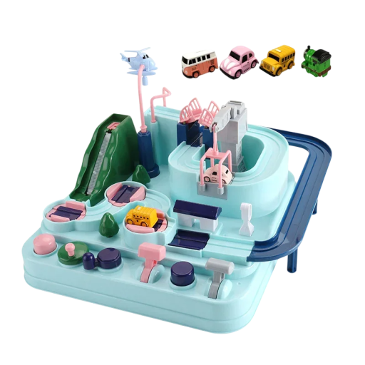 Autorennbahn 22 x 22 x 16 cm Interaktive mechanische Strecke für Kinder Abenteuerspiel ohne Batterien 4 Mini-Autos im Paket