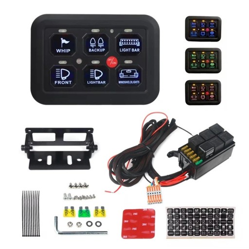 Autós érintőkapcsoló panel 6 gombbal RGB háttérvilágítással 12V 600-1200W reléboxszal és kábelezéssel fekete offroad SUV hajóhoz és lakókocsihoz