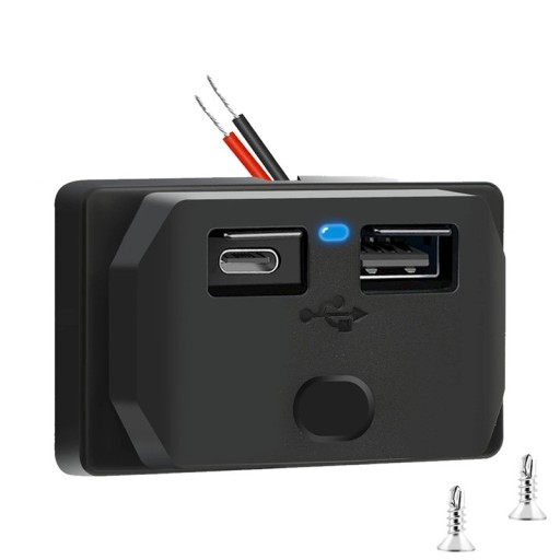 Autós töltő 2 USB-C + USB-A porttal 30W gyorstöltés Dual PD QC3.0 12-24V fekete nylon feszültségmérővel autóhoz és motorhoz