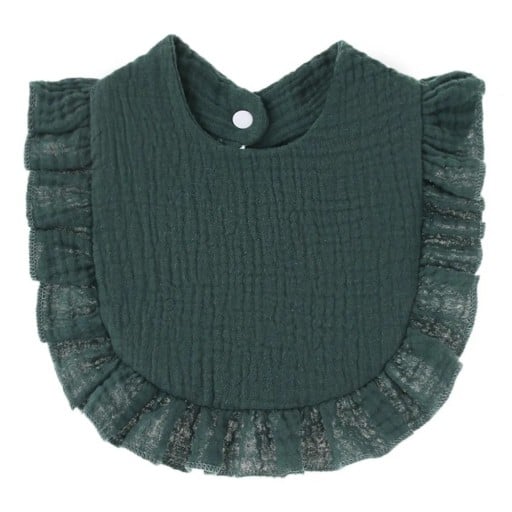 Babete com volantes para bebés contra a sujidade da roupa Corte redondo com borda de volante sobre os ombros Fecho com botão de pressão no pescoço