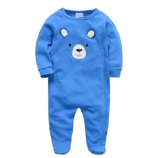 Baby All-in-One with Teddy Bear Soft Cotton Baby Dungarees with Ears for Boys Newborn Sleep Suit in Blue with Feet