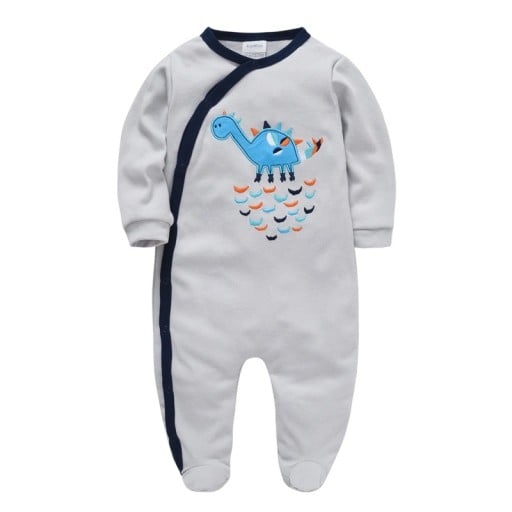 Baby overall met dinosaurus Rompertjes voor jongens van zachte ademende katoen Nieuwborn pyjama voor het slapen grijs met voetjes en knopen