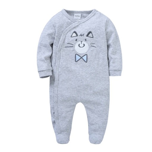 Baby overall met kat Baby rompers voor jongens van zachte ademende katoen Nieuweborn pyjama voor het slapen in grijs met voetjes en knopen
