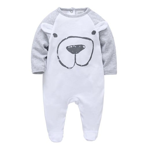 Baby overall met teddybeer Rompertjes met oortjes voor jongens van zachte ademende katoen Nieuwboren pyjama voor het slapen in wit-grijs met voetjes