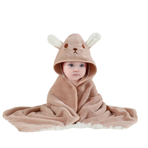 Baby Wickeltuch mit Kapuze 80 x 80 cm Fleecetuch mit Teddybär und weißen Ohren Wickeldecke für Baby und Kleinkind