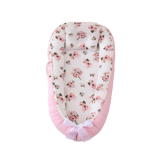 Babynestchen 88 x 53 x 30 x 68 cm Rosa, Baumwollliege für Neugeborene, tragbares Kinderbett, Schlafnest mit Blumenmuster fürs Bett