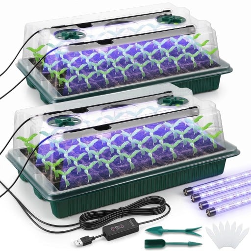 Bac de semis avec éclairage LED de culture et couvercle, 80 cellules, 2 pcs, en plastique, minuterie 3/6/12 h, vert, pour la germination des graines et des semis