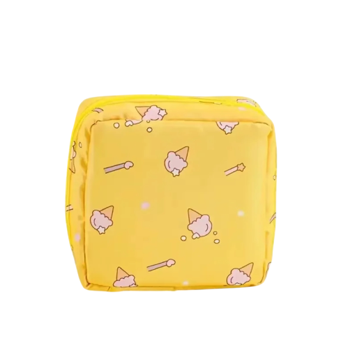 Bag for Women's Sanitary Pads and Tampons 12 x 12 x 4 cm Waterproof Storage Pouch with Zip Yellow Fabric Case with Ice Cream Design