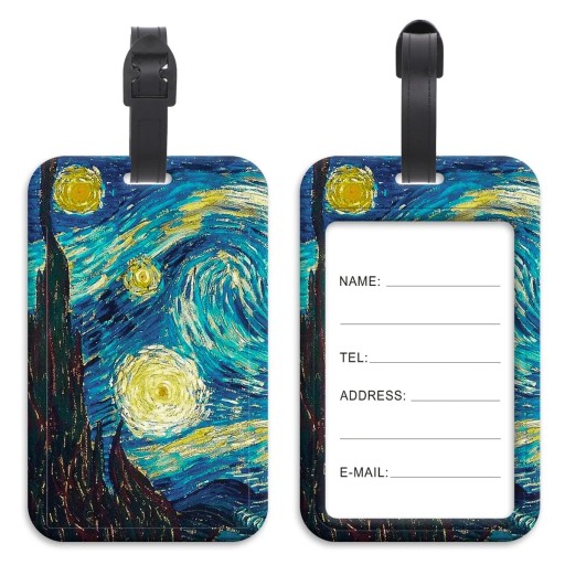 Bagagelabel met olieverfschilderij van de nachtelijke hemel en sterren 11 cm plastic identificatielabel voor koffer met kaart voor contactgegevens