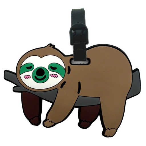 Bagagemærke med slothmotiv 9 cm PVC brun-grøn identifikationsmærke til kuffert eller rejsetaske