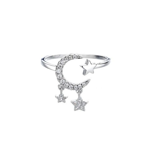 Bague en argent pour femme taille réglable diamètre 16,5 mm Bague ouverte fine avec un croissant de lune ornée de pierres et d'une étoile 3/5 mm bijou