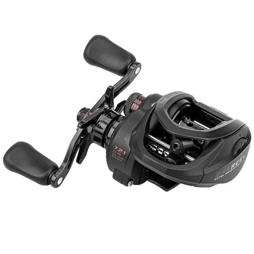 Baitcastingový naviják 7,2:1 s brzdou 5 kg a 6+1 ložisky Nízký profil 38 mm Rám z ABS a karbonu Černo-červený Pro levou ruku