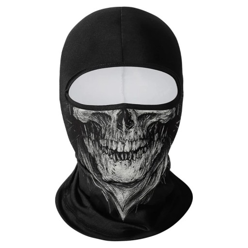 Balaclava med realistisk motiv af et kranium 42,5 x 23 cm polyester sort ansigtbeskyttelse mod sol og støv til sport