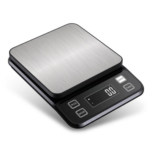 Balance de cuisine numérique avec écran LCD, entièrement étanche, 3 kg / 0,1 g, acier inoxydable, noir avec argenté, pour la pâtisserie et la pesée des aliments