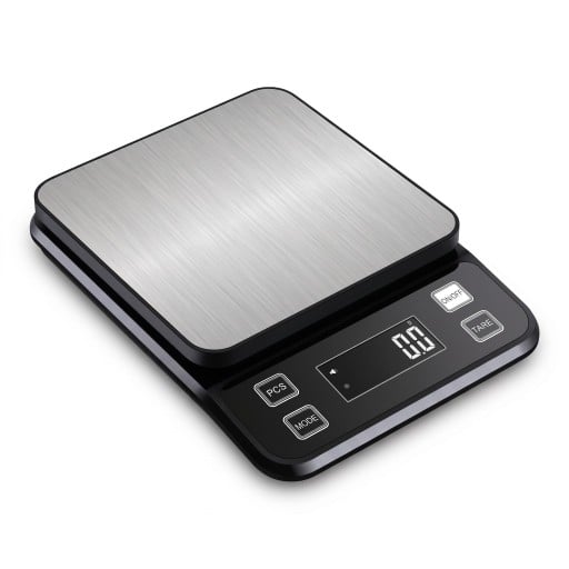 Balance de cuisine numérique étanche avec écran LCD, 5 kg / 0,1 g, acier inoxydable, alimentée par des piles AAA, noir-argent, pour la pâtisserie et la cuisine