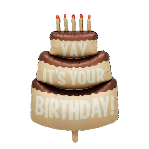 Balão de folha 102,5 x 63 cm em forma de bolo de aniversário de três andares bege com cobertura castanha, cinco velas e inscrição de aniversário