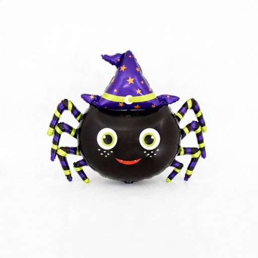 Balão Inflável de Aranha em Pé com Chapéu de Feiticeiro 96 x 82 cm Preto, Roxo e Verde Decoração de Halloween para Casa e Comércio