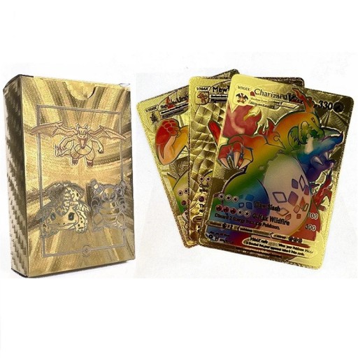 Balíček duhových zlatých Pokémon karet VMax Lesklé Pokémon kartičky Sběratelské kartičky Pokémon Sada hracích kartiček, duhová zlatá, 55 ks
