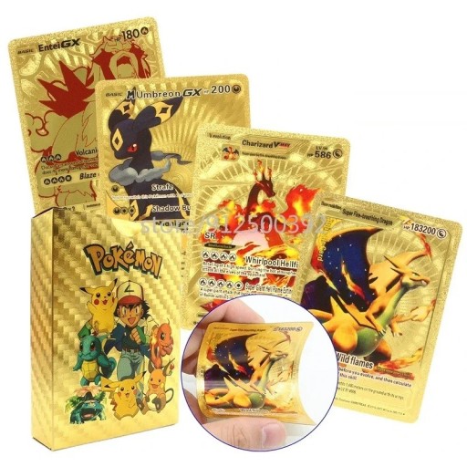 Balíček Pokémon karet GX VMax VStar EX Lesklé Pokémon kartičky Sběratelské kartičky Pokémon Sada hracích kartiček, zlatá, 55 ks