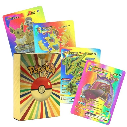 Balíček Pokémon karet VMax Lesklé barevné Pokémon kartičky Sběratelské kartičky Pokémon Sada hracích kartiček, duhová, 55 ks