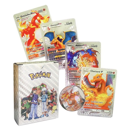 Balíček Pokémon karet VMax Lesklé Pokémon kartičky Sběratelské kartičky Pokémon Sada hracích kartiček, stříbrná, 11 ks